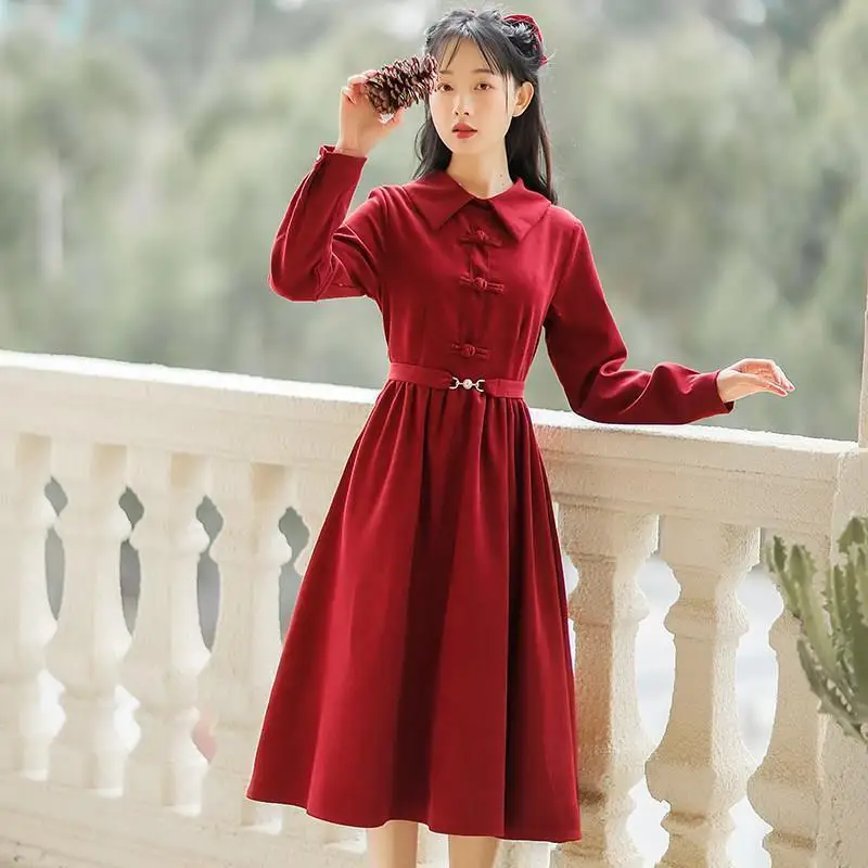 

2022 Spring Chinese Lady Elegant Square Neck Red Dress Skirt Female Vintage Buckle Belt Long Sleeve A-Line Asian Clothes Vestido