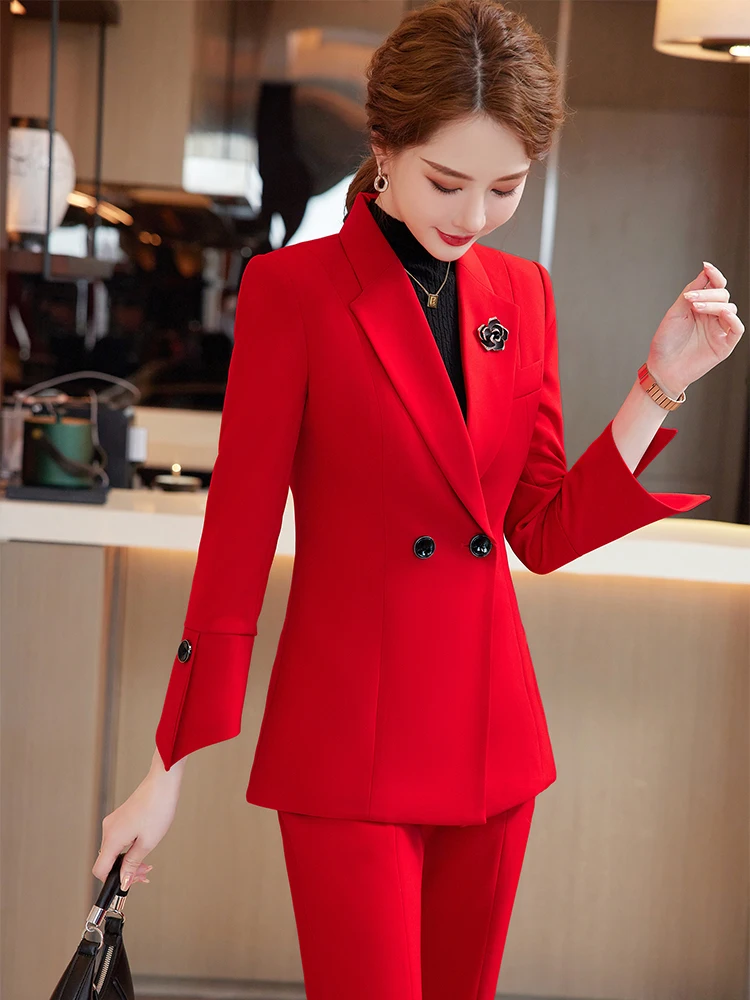 Women 2 Piece Set Office Ladies Elegant Casual Business Jackets +Split Wide Leg Pants Female Clothes Formal Blazer Pantsuits