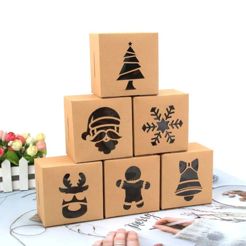 

50Pcs Christmas PVC Window Candy Box Kraft Paper Xmas Favor Gift Box Food Cake Cookies Packaging Bag Christmas Party Decoration