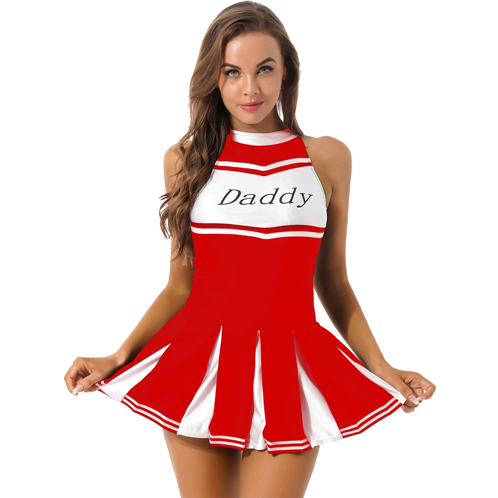 

Women Color Block Cheerleading Uniforms Cheerleader Role Play Costume Letter Printing Sleeveless Pleated Dress Halloween Clothes
