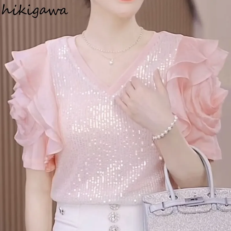 Блузка женская с V-образным вырезом рубашка коротким рукавом блестками цветочным