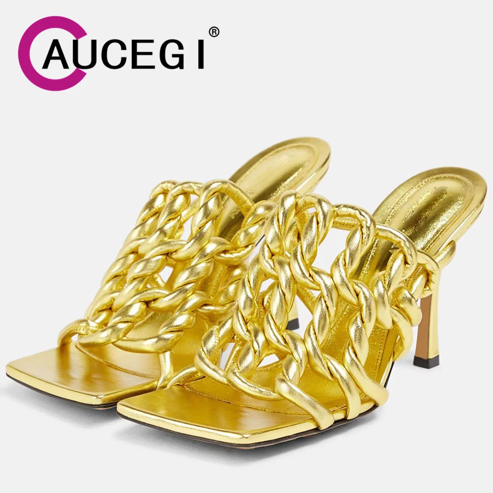 

Женские сандалии Aucegi с узкими ремешками, плетеные тапочки с квадратным носком, тонкий высокий каблук, уличная Классическая обувь