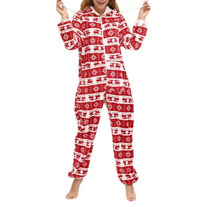 

Christmas Women Nightwear New Year Deer/ Snowflake Print Pajama Long Sleeve Hooded Jumpsuit with Zipper Loungewear