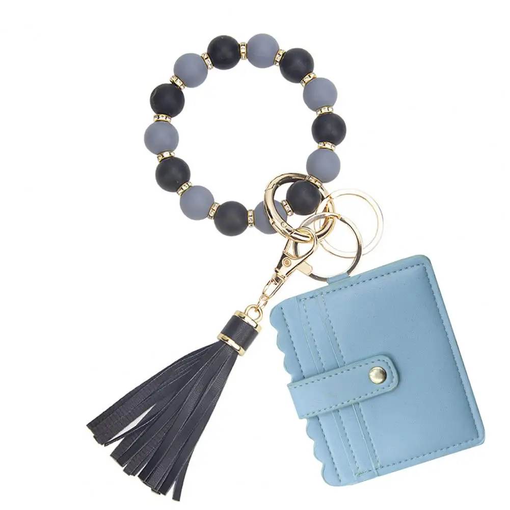 

Silicone Key Ring Fashionable Women's Silicone Key Ring Bracelet with Elastic Beaded Wristlet Metal Keychain Faux Leather Tassel