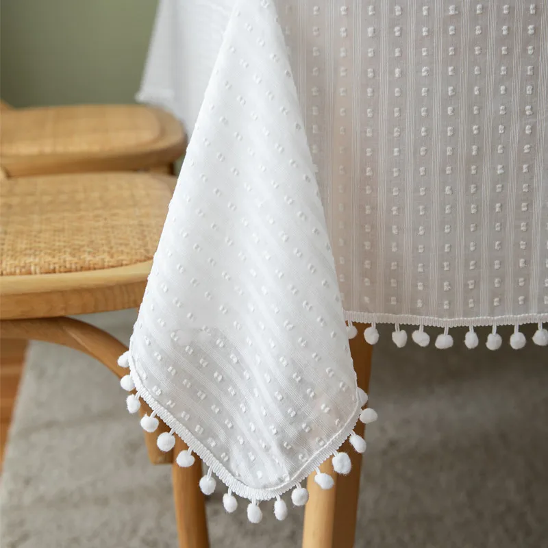 

100% Cotton French White Tablecloth Jacquard Dotted Ball Rectangular Coffee Table Cloth Cover for Party Dining Wedding