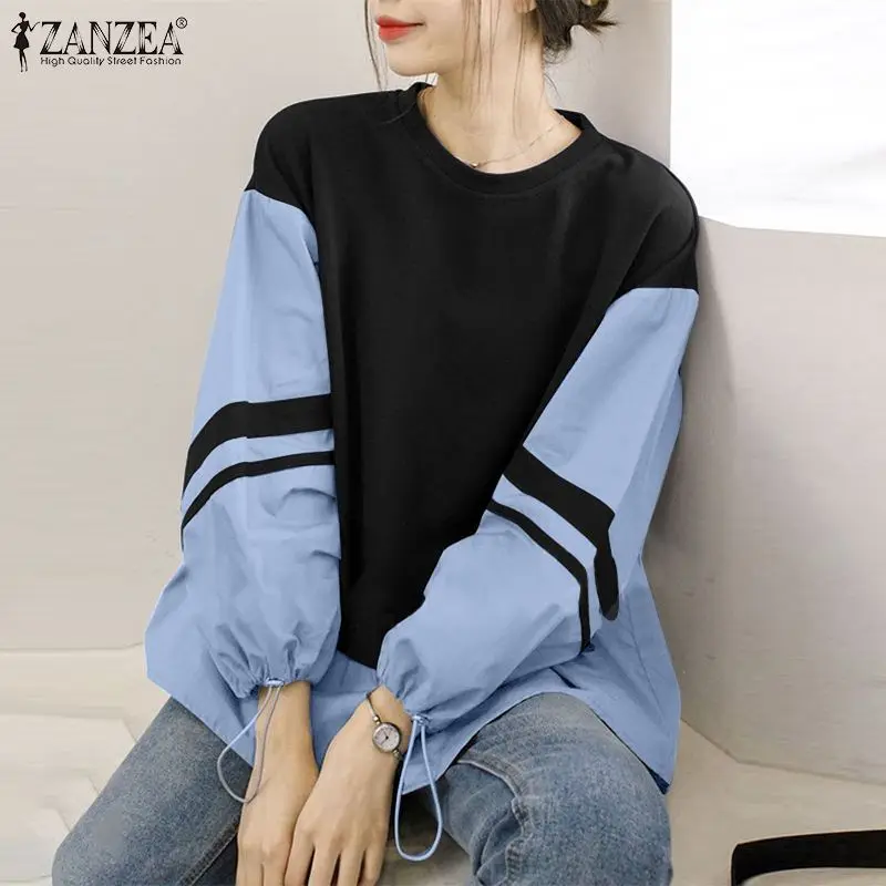 

Holiday Bohemian Loose Elegant Casual Fashion Office Chemise ZANZEA Women Spring Full Sleeve O-Neck Solid Cuff Drawstring Tops