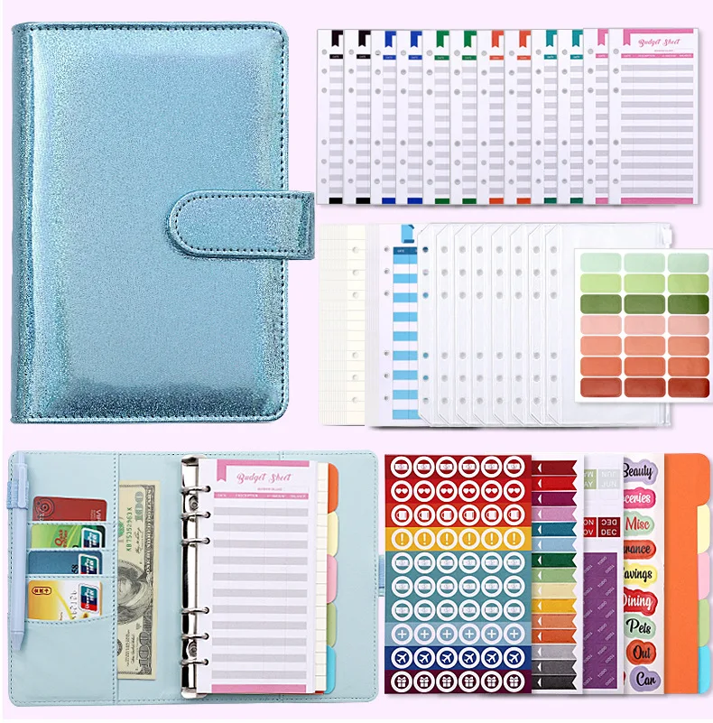 

Glitter Macaron A6 Loose-Leaf Leather DIY Binder Notebook Cover Diary Agenda Planner Paper Cover Zipper Money Saving Envelope