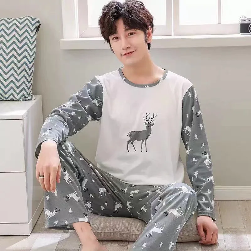 Spring Autumn Pajamas for Man Fashion Faux Cotton Long Sleepwear Sets Geometric Striped Home Clothes