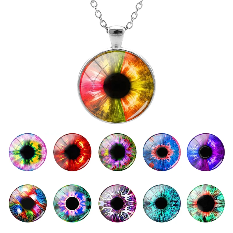 

JOINBEAUTY Colorful Eyes Pattern Glass Dome Chain 25MM Cabochon Link Chain Round Pendant Necklace Jewelry Special Offer FXQ275