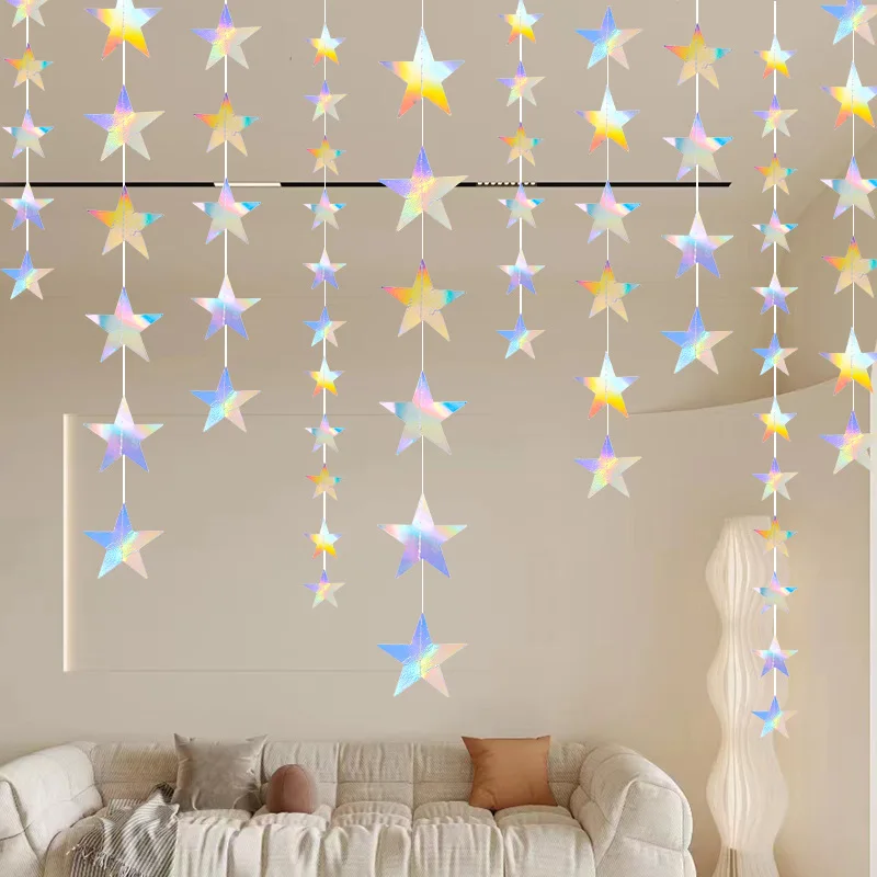 

4M Rainbow Color Star Pull Flower Illusion Round Pull Flower Moon Paper String Flag Birthday Wedding Party Venue Decoration
