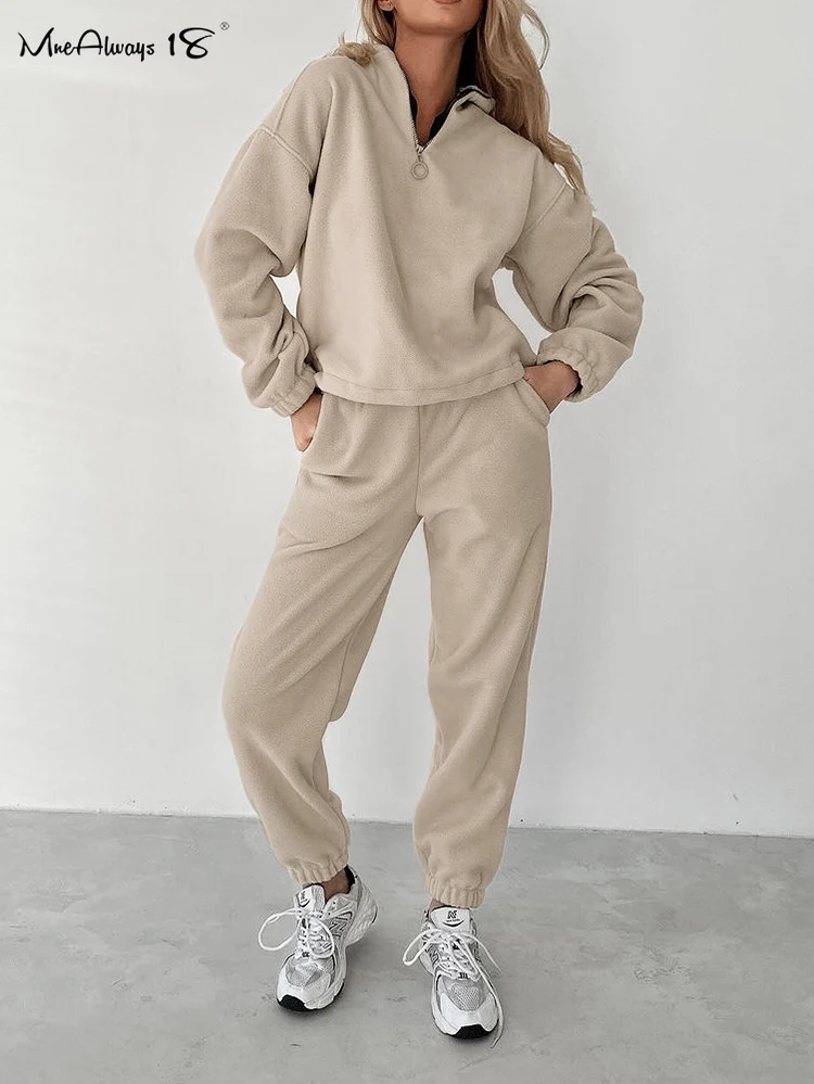 

Mnealways18 Fleece Khaki Jogger Pants 2-Piece Sets Sporty Women Pullover Tops And Sweatpants Warm Suits Winter 2023 Two Pieces