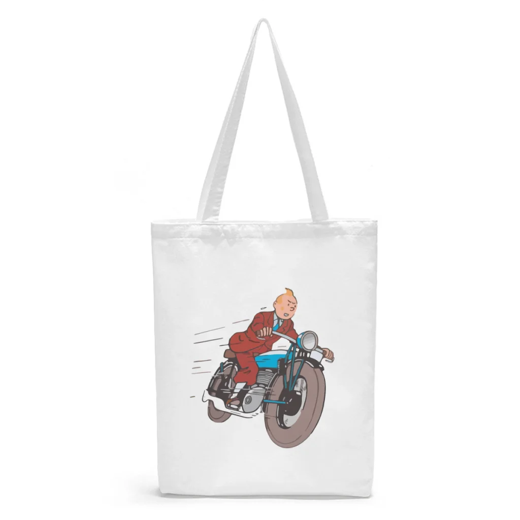 

Riding Moto Canvas Shopper Handbag The Adventures of Tintin Anime Shoulder Bags Students Storage Pocket Travel Pouch Tote Bag