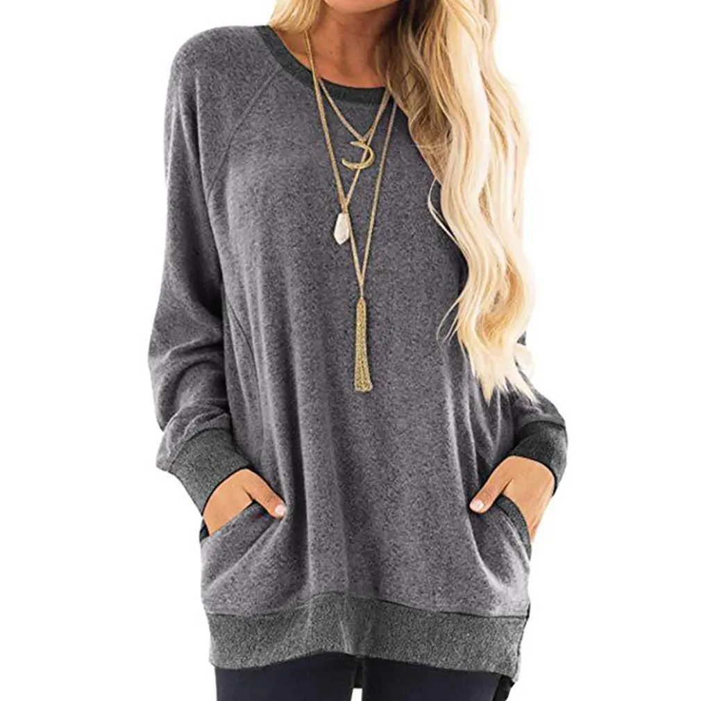 

Patchwork Casual Tops For Women Round Neck Solid Color Pocket Tee Shirt 2021 Pink Basic New Long Sleeve T-Shirts Female Clothing