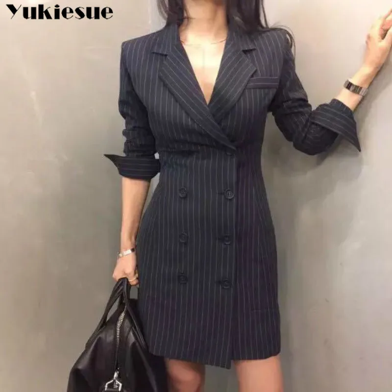 

Elegant Professional Mini Woman Suits Dress Double-breasted Blazer Jacket OL Buttons Coat Notched Cardigan Tops Womens Blazer
