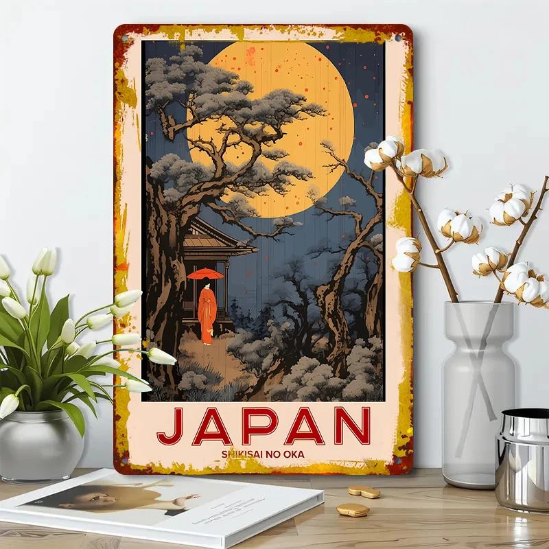 Фото Японский винтажный стиль Ukiyo e, металлическая настенная живопись, лунный сад с красным зонтиком, гейша, декоративная живопись для гостиной №4