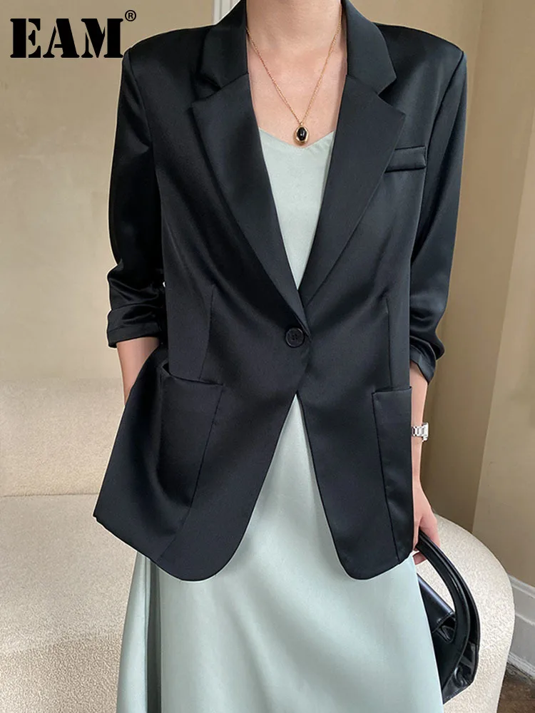 

[EAM] Women Black Elegant Thin Blazer New Lapel Three-quarter Sleeve Loose Fit Jacket Fashion Tide Spring Autumn 2023 1DF9010