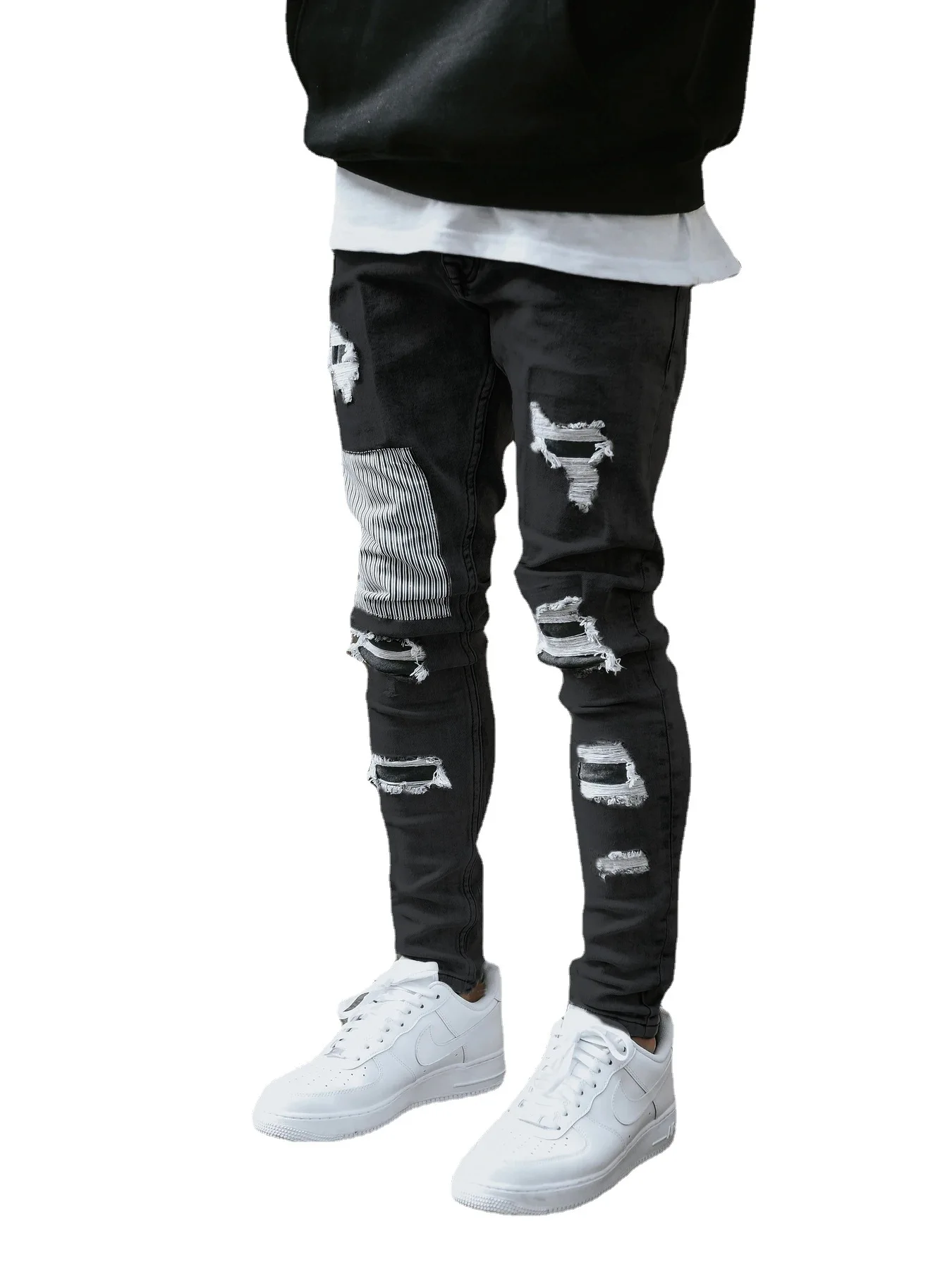 Джинсы-Карандаш мужские облегающие джинсовые брюки с дырками на молнии в стиле