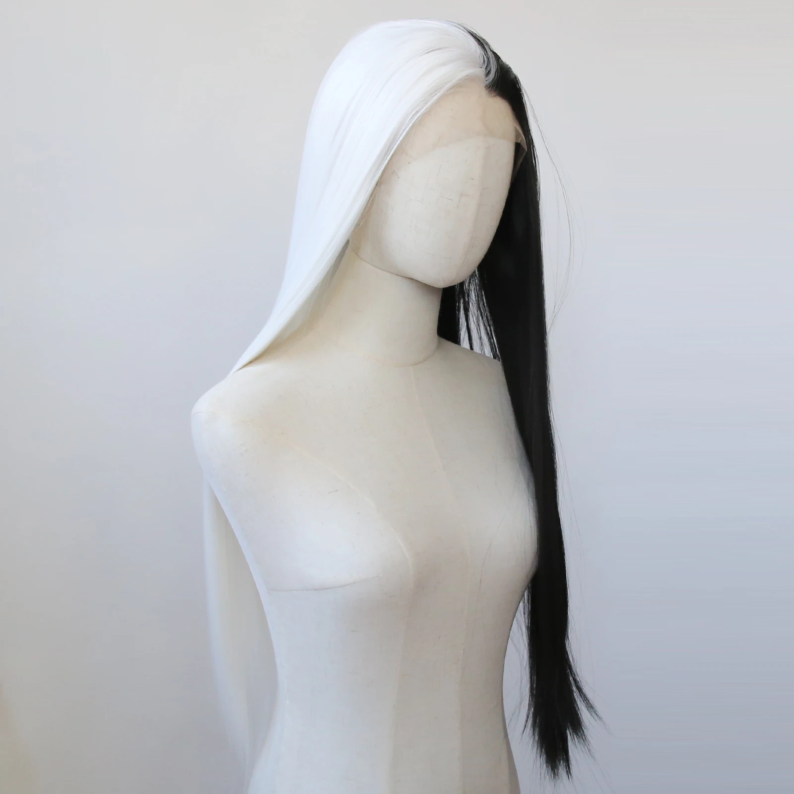 Белый с половиной черного синтетического кружева передний парик длинный прямой