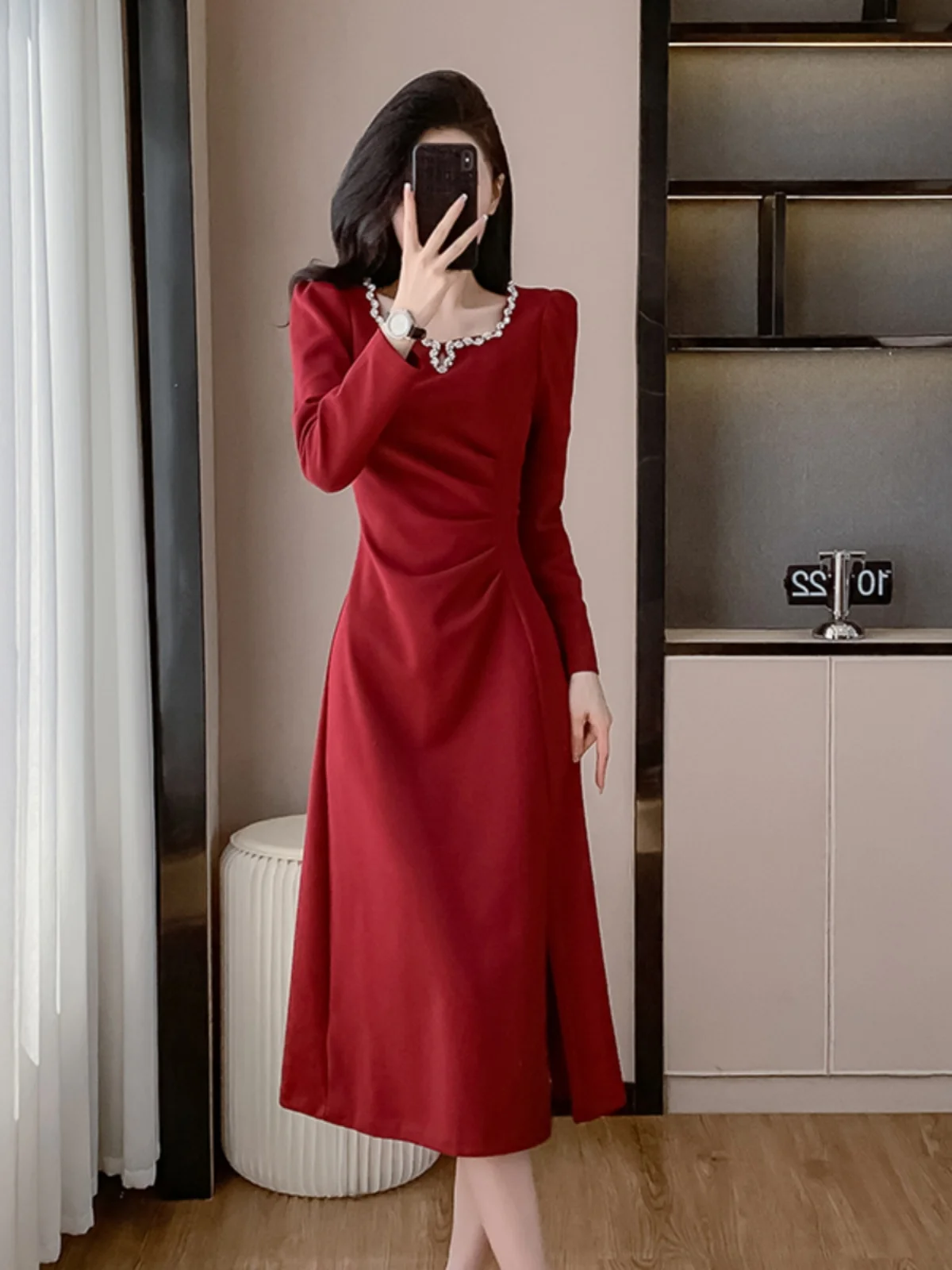 With Coat Guest dresses New French sle Advanced Square Collar Autumn Dress Slimming Long sleeve Split Temperament Skirts