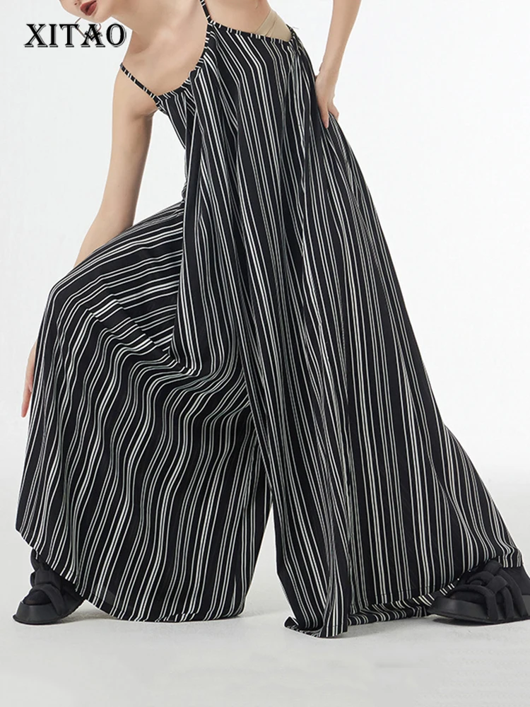 

XITAO Casual Striped Sling Jumpsuit Loose Fashion Simplicity Temperament Sleeveless Pullover Wide Leg Pants Summer New HQQ0856