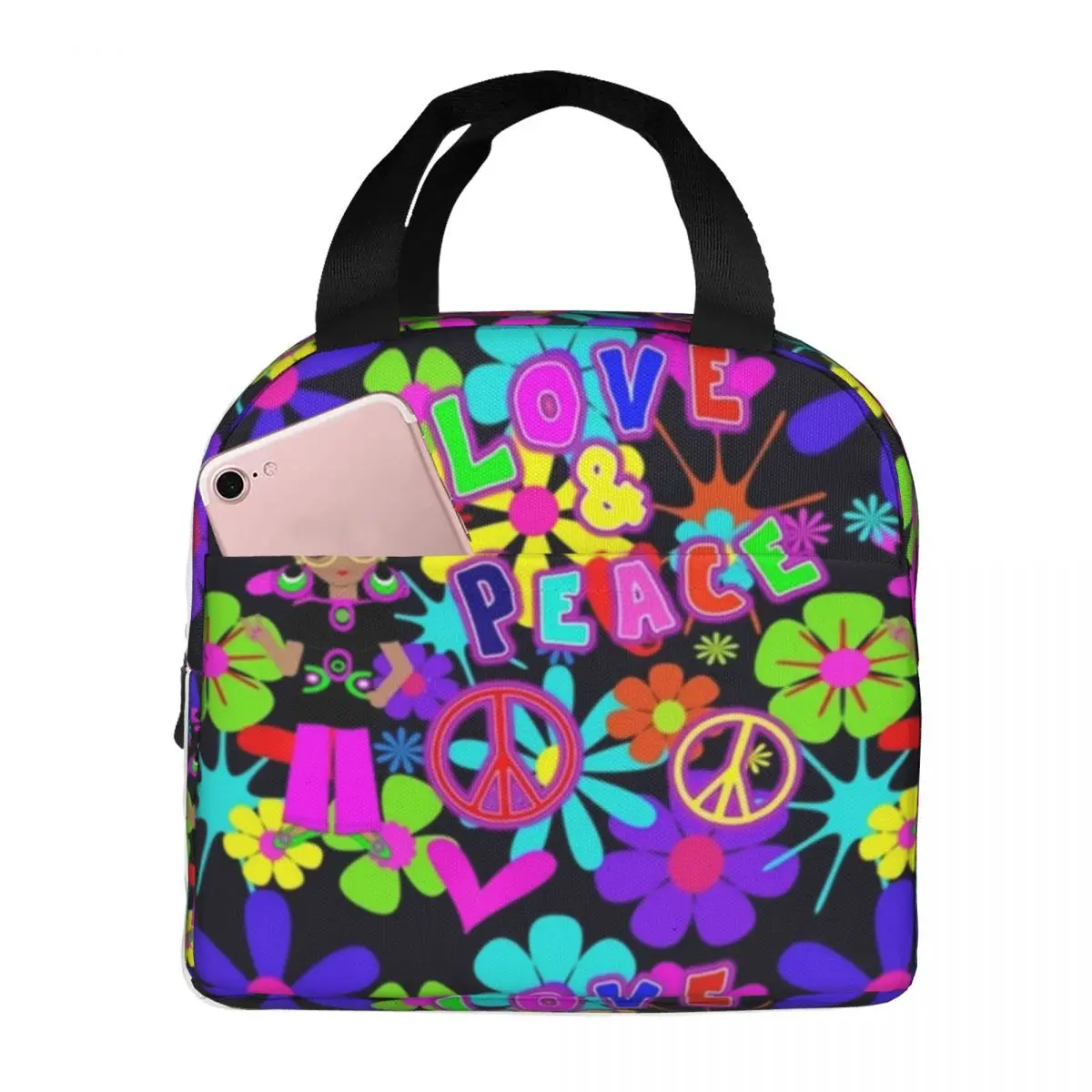 

Hippie Flower Power Lunch Bag with Handle Peace Colorful 60s Retro Meal Cooler Bag Wholesale Beautiful Clutch Picnic Thermal Bag
