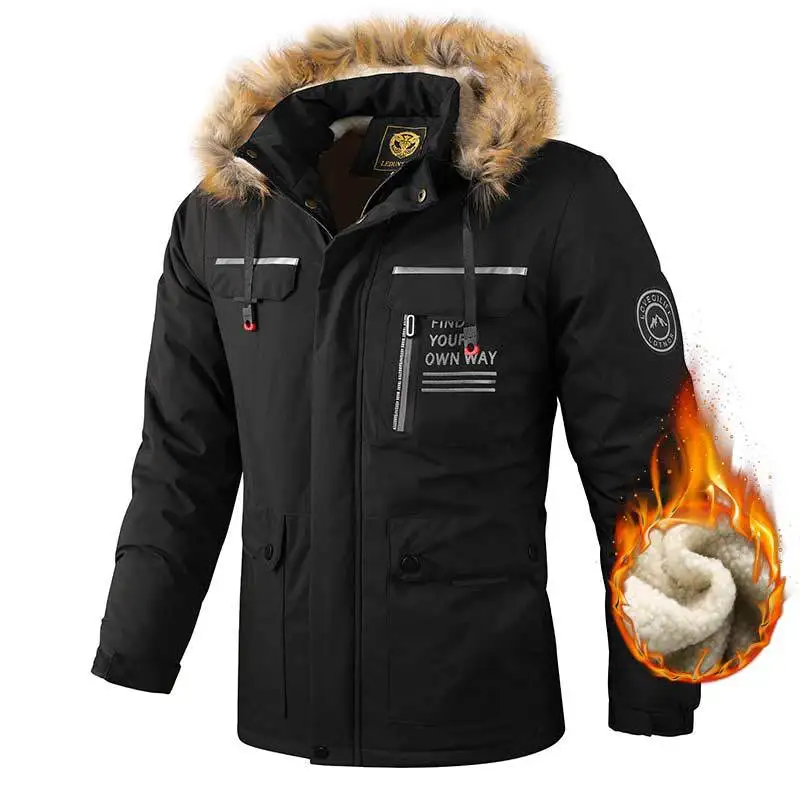 

Aulemen Men Winter Parkas Fleece Warm Thick Jacket Men's Windproof Parka Jacket Hooded Fur Collar Coat New Fashion Casual Jacket