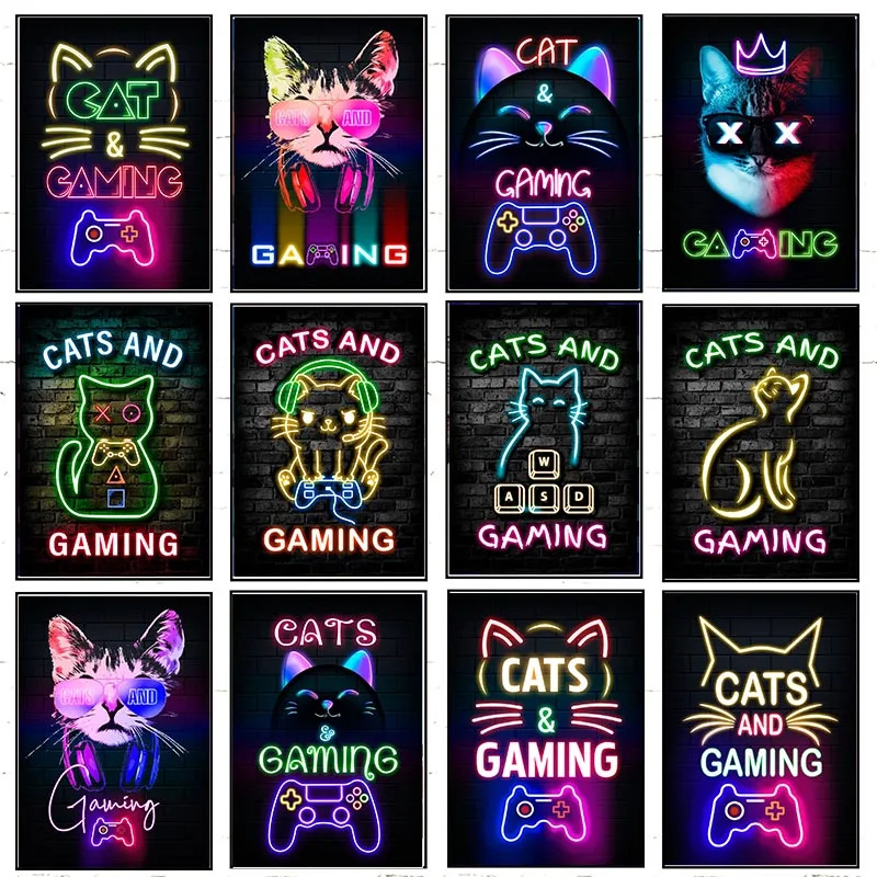 

Постер с неоновым эффектом для кошек и игр, Картина на холсте для игровых игр, для игровой комнаты, для мальчиков, Настенный декор, плакаты, роспись, нерамка
