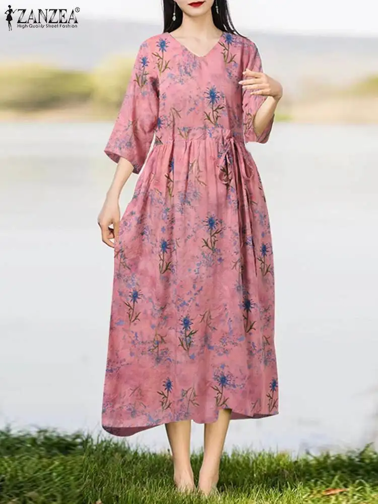 

Винтажное летнее платье ZANZEA с V-образным вырезом, повседневное праздничное платье с цветочным принтом, свободное женское платье миди с рукавом 3/4 и завязкой на талии