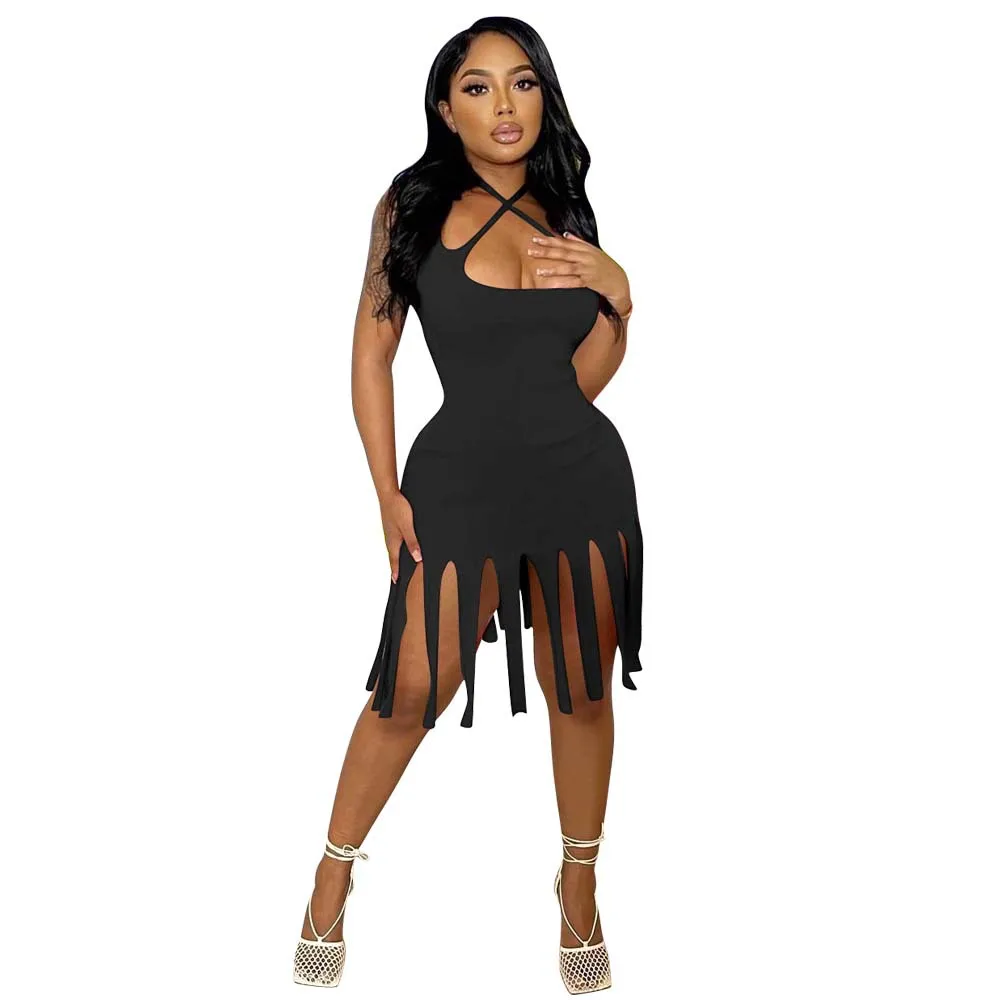 

2022 Summer New Women's Sleeveless Sexy Halter Irregular Solid Color Tassel Dress Nightclub