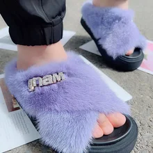Real Fur Thick Bottom Slippers Woman Summer 2023 Open Toe Platform Outerwear  Shoes Luxury Shoes for Women Mink Fur Sandals 