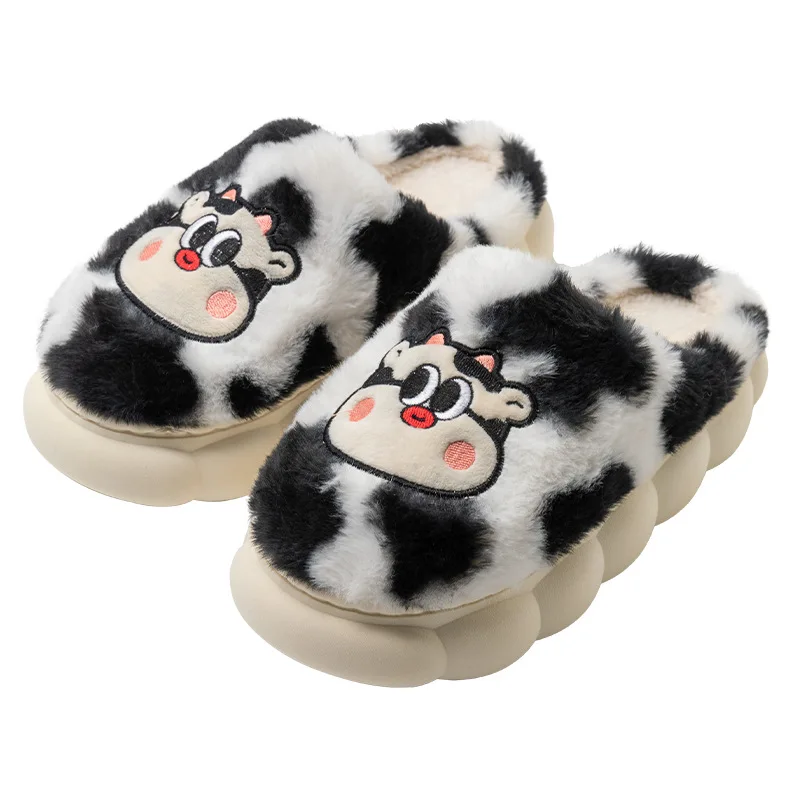 Winter Animal Cotton Slippers Women Design Cute Cow Furry Warm Ladies' Slides Indoor Soft Plush Unisex Memory Foam Platform Shoe