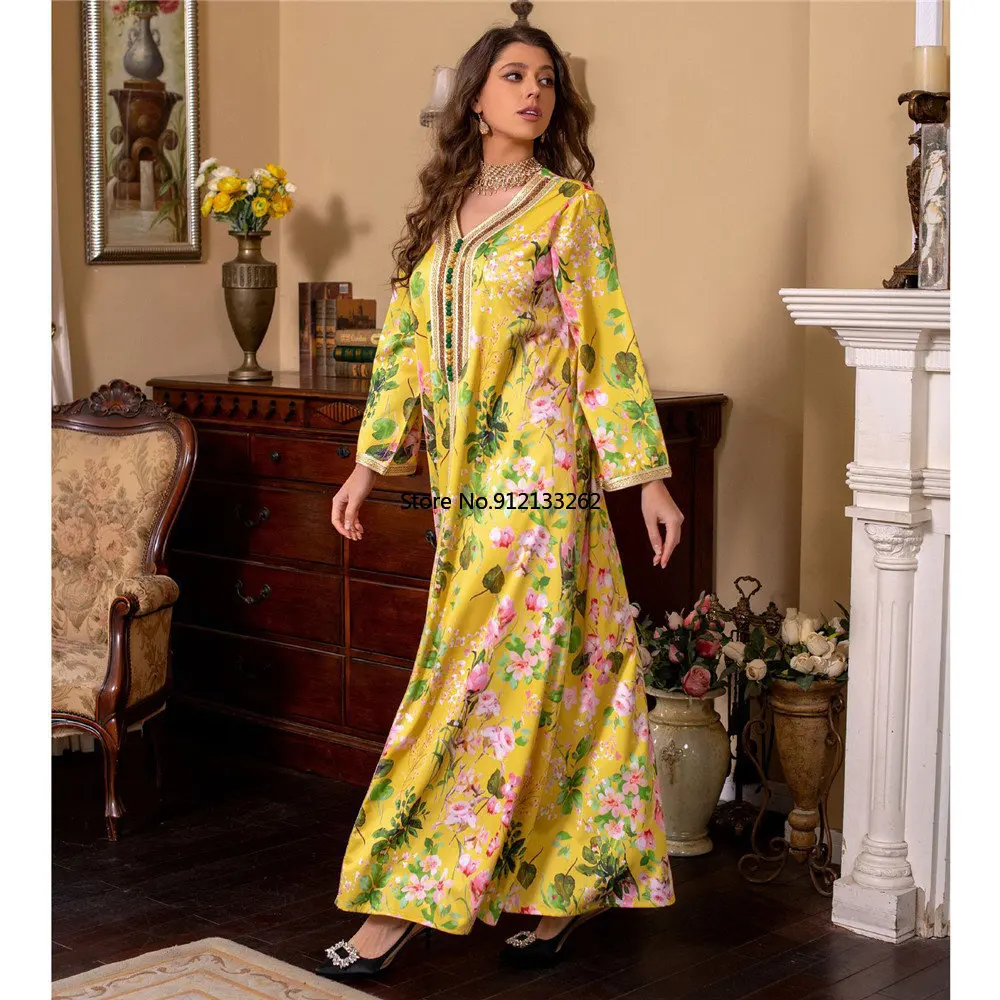 Fashion Floral Print Muslim Dress Women Dubai Arab Abaya Dubai Arabic Turkey Moroccon Kaftan Islamic Clothing India Gown Robe
