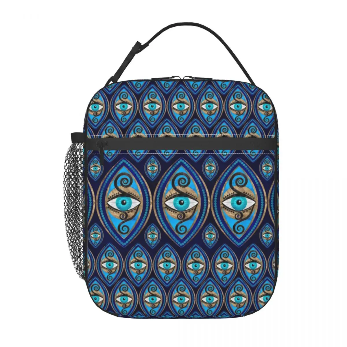 

Evil Eye Amulet Lunch Bag with Handle Greek Mati Print Elegant Mesh Pocket Cooler Bag Carry Office Meal Thermal Bag