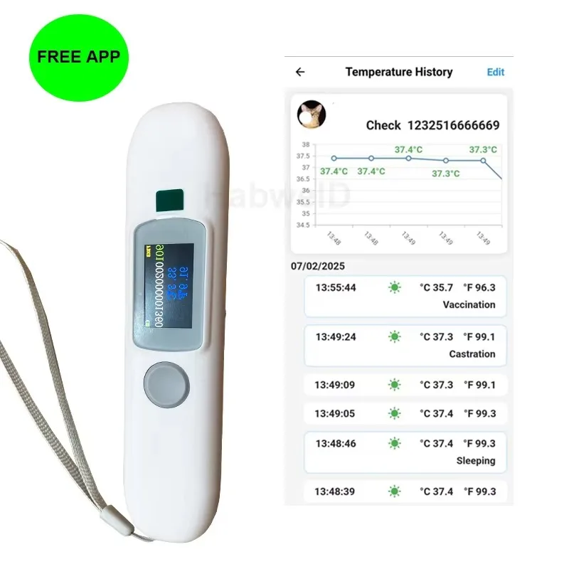 Фото Портативный RFID-считыватель для животных FDX-B EM4305: мини-метка для измерения температуры/термометр для кошек, собак, лошадей, скота (для контроля здоровья) №3