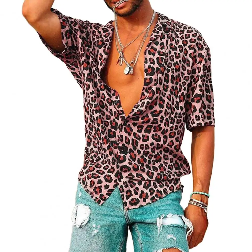 

Men shirts Lapel Short Sleeve Shirt Top Leopard Print Single-Breasted Thin Hawaiian Beach Casual shirts for men men clothing