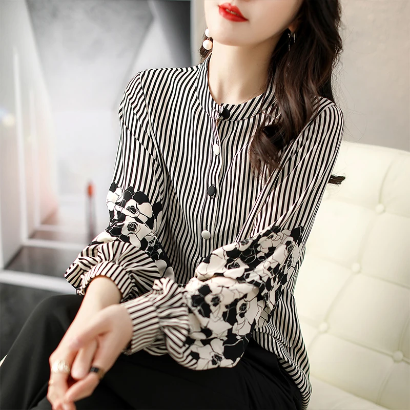 

New Blouse 2022 Spring Summer Splice Lantern Sleeve Stripe Print Three Quarter Sleeves Shirts Women's Clothing FP696