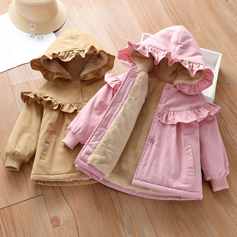 Girls winter clothes plus velvet thick coat 2022 new baby fungus edge hooded quilted jacket children's long-sleeved cotton