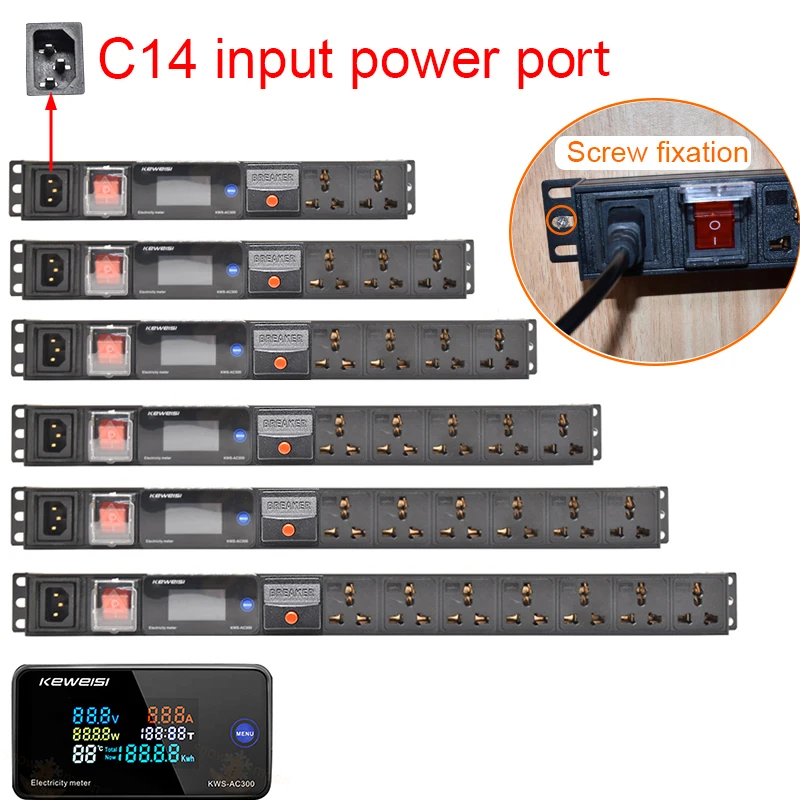

PDU power strip cabinet wall mounted voltmeter ammeter power meter C14 power input, 2-8-way universal socket overload protection