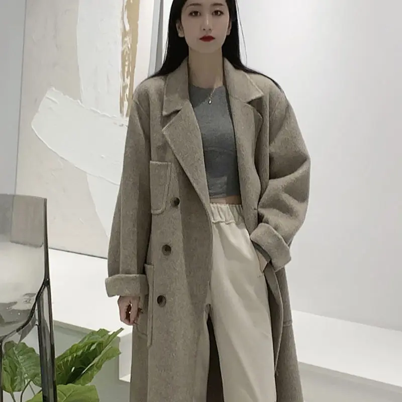 

2022 Women Autumn Winter New Long Woolen Outerwear Female Double-faced Cashmere Coats Ladies Pockets Wool Blends Jackets F395
