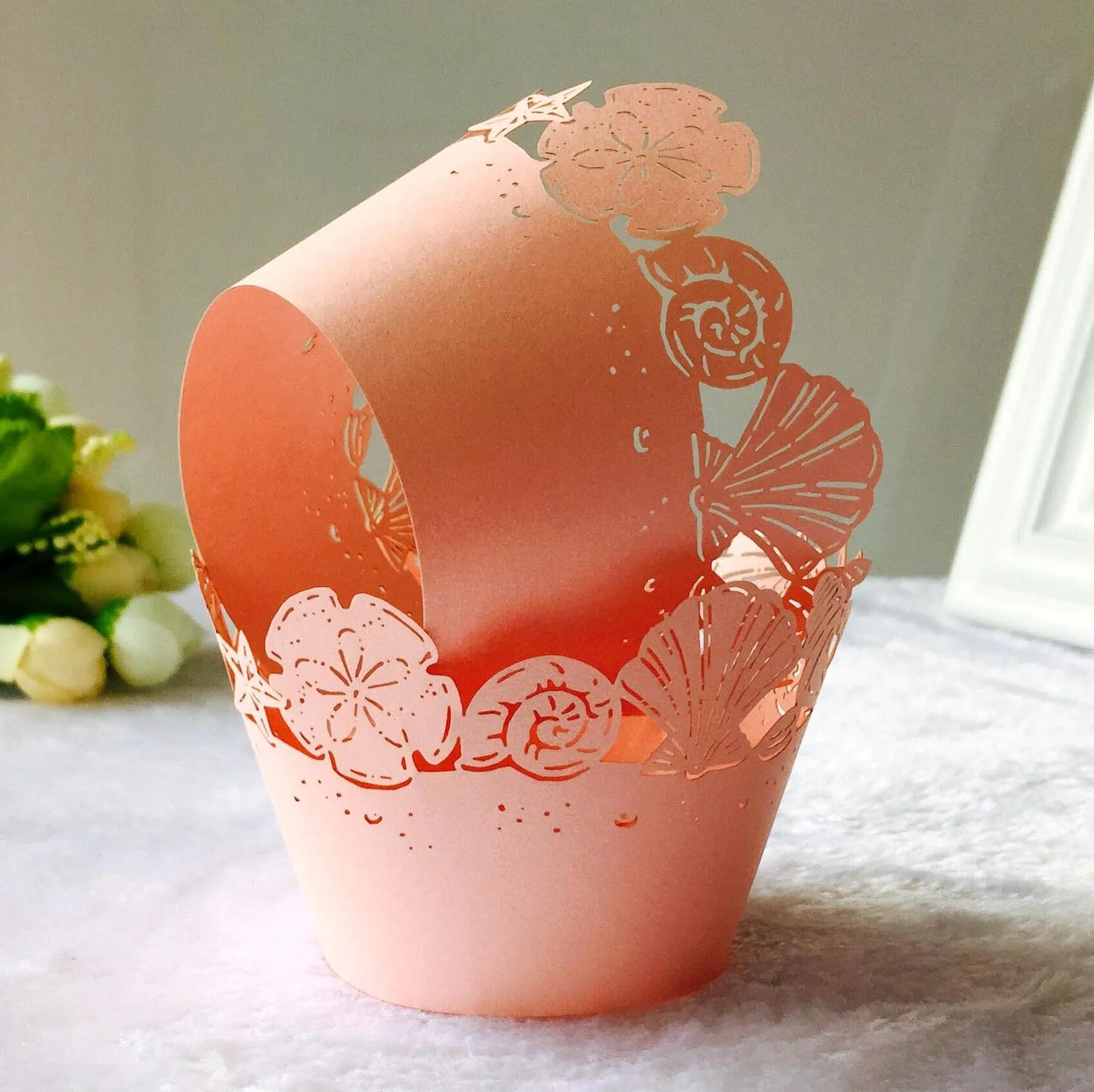 

100PCS Baking Cake Edge Card Pink Shell Lace Laser Cutout Paper Cup