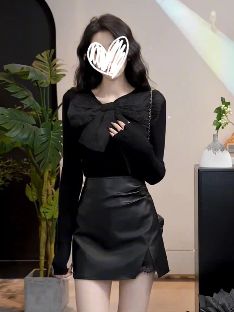 Sexy Pure Desire Bow round Neck Long sleeve Knitted Top Women Autumn New Slim fit Slimming High-Grade Bottoming Shirt