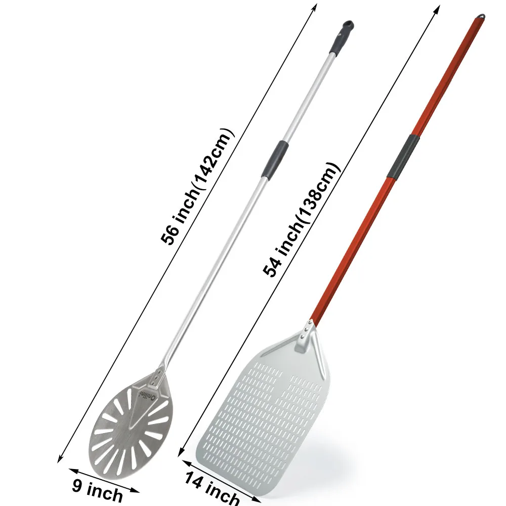 

Onilini 14/13/12 дюймов и 9-дюймовый набор для кожуры для пиццы из нержавеющей стали, перфорированная лопатка для пиццы, коммерческое весло для пиццы, длинная ручка 56 дюймов