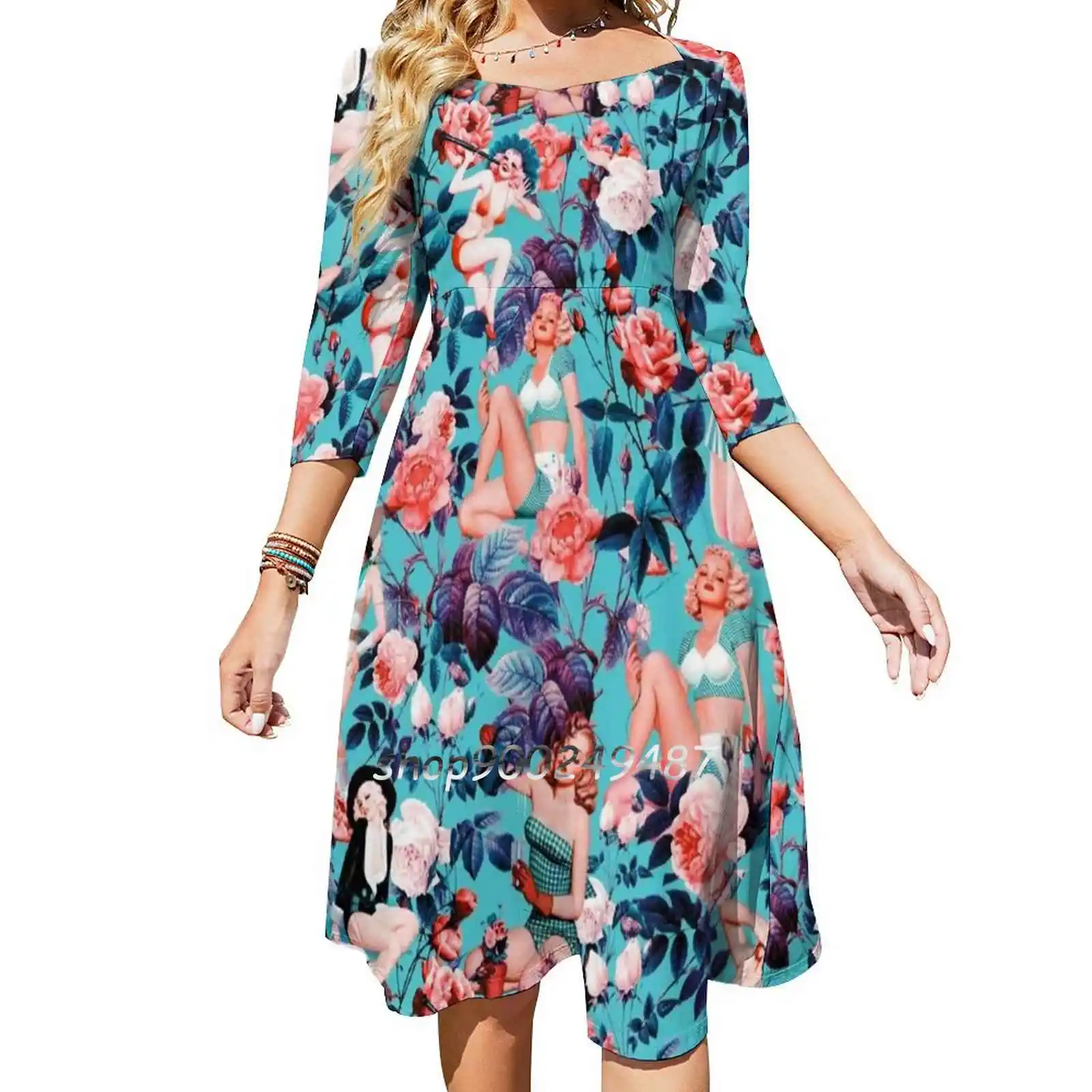 

Платье женское летнее с квадратным вырезом и цветочным принтом