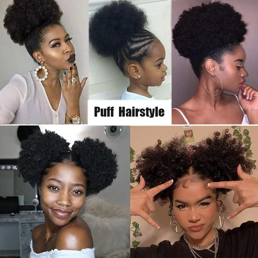 Synthetic Short Afro Puff Bun Ponytail African American Wrap Black Gray Fake Ponytail With Drawstring And Clip In Extension