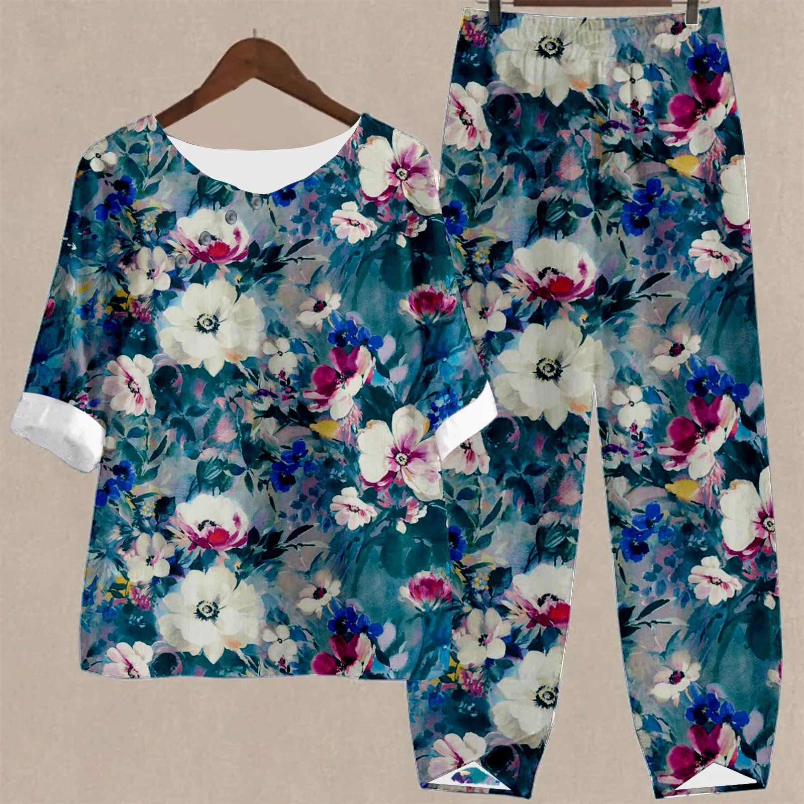 Harajuku Vintage Flower Print Women Set Spring Crew Neck Short Sleeve T-Shirt And Harem Pants Suit Summer Loose Two Piece Outfi 3 Harajuku Vintage Flower Print Women Set Spring Crew Neck Short Sleeve T-Shirt And Harem Pants Suit Summer Loose Two Piece Outfi 3