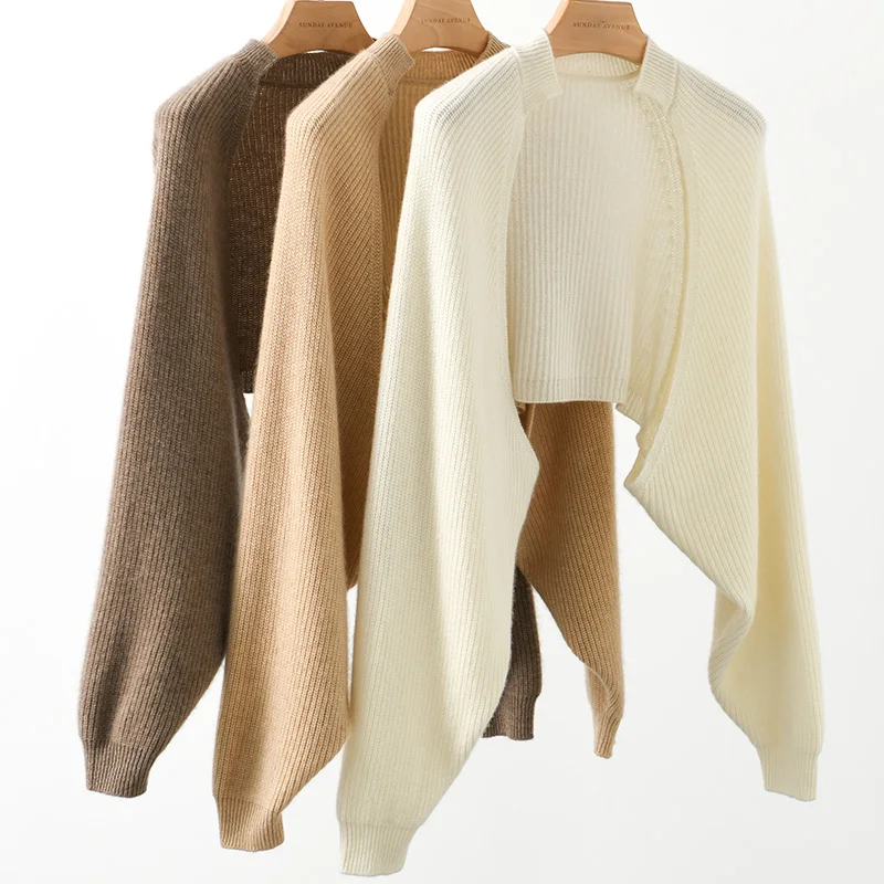 

Long-Sleeved Knitted Cardigan Shawl Women's Spring and Autumn Bat-Sleeved Short High Top Outside A Lazy Sweater Coat