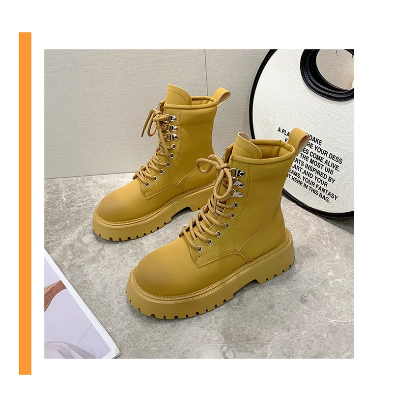 2022 Spring Cow Leather  Boots Female Casual Boots Fashion Preppy Style Women's Shoes Platform Heels Lace-Up New