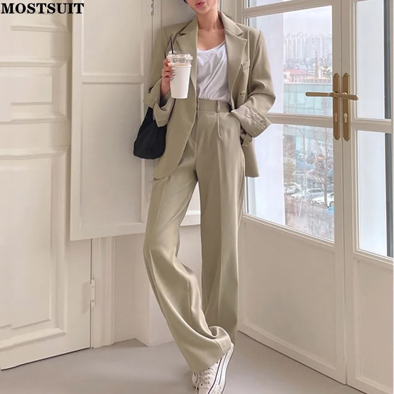 

Stylish Ladies Blazer Set Full Sleeve Single-breasted Jackets Wide Leg Pants 2022 Autumn Workwear Loose Women Trousers Suits