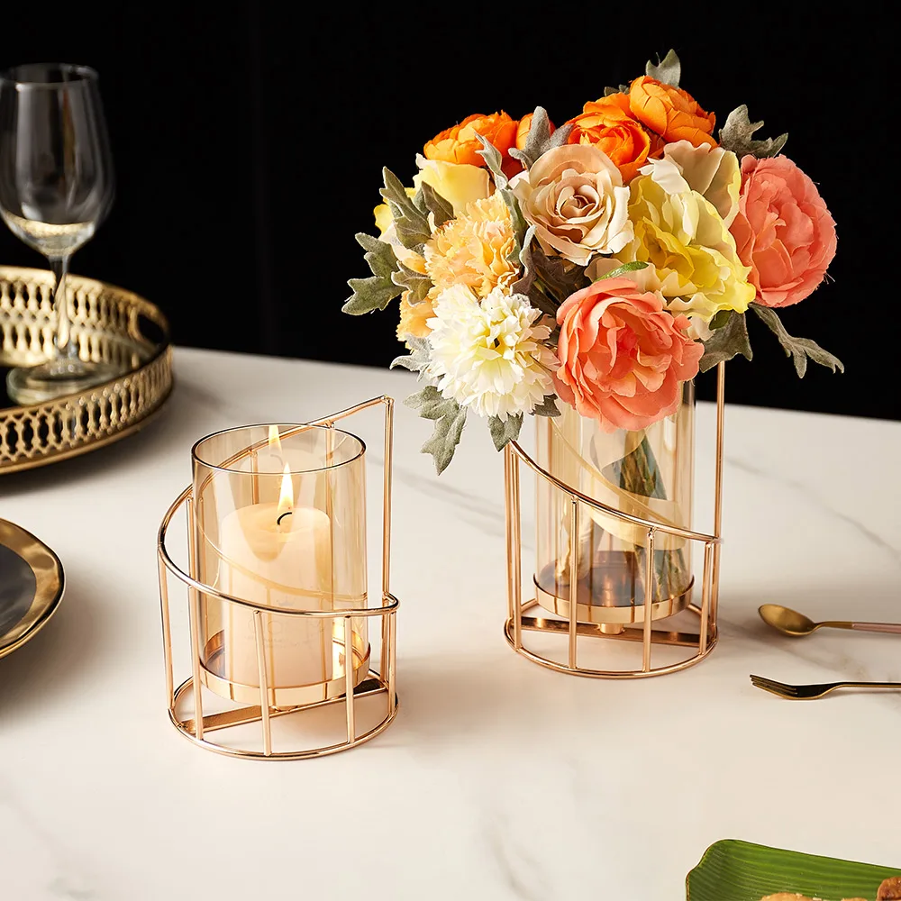 

Golden Vase Glass European Candle Holder Home Decor Living Room Decor Desk Accessories Vase Decoration Household Wedding Decor