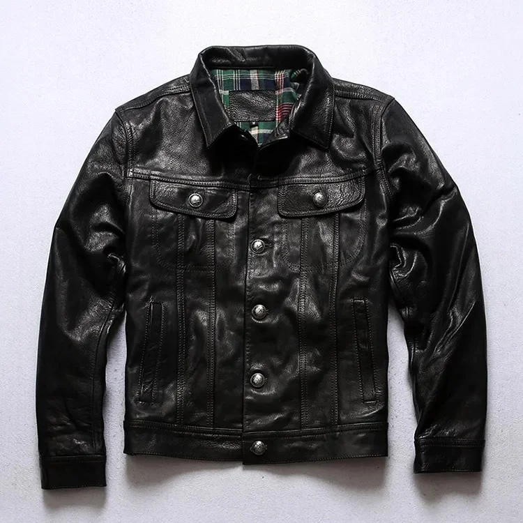 

YR!Free shipping.men quality 1mm tanned goatskin jacket.black vintage casual 507 coat.slim rider leather clothes